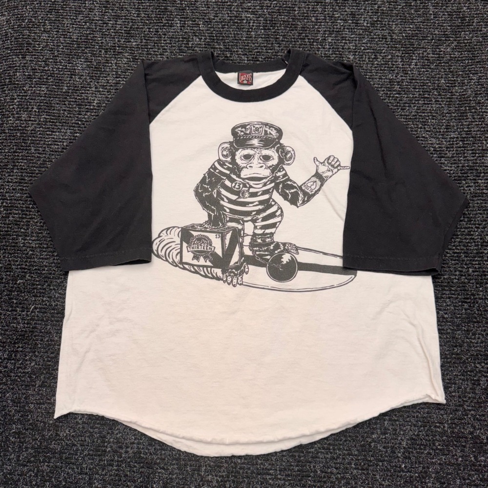 Lucky 13 Surfing Monkey Convict Raglan Baseball Tee White Black 3/4 Sleeve XL